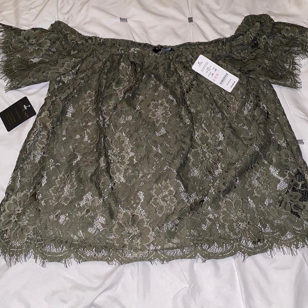 Green lace off the shoulder top size medium